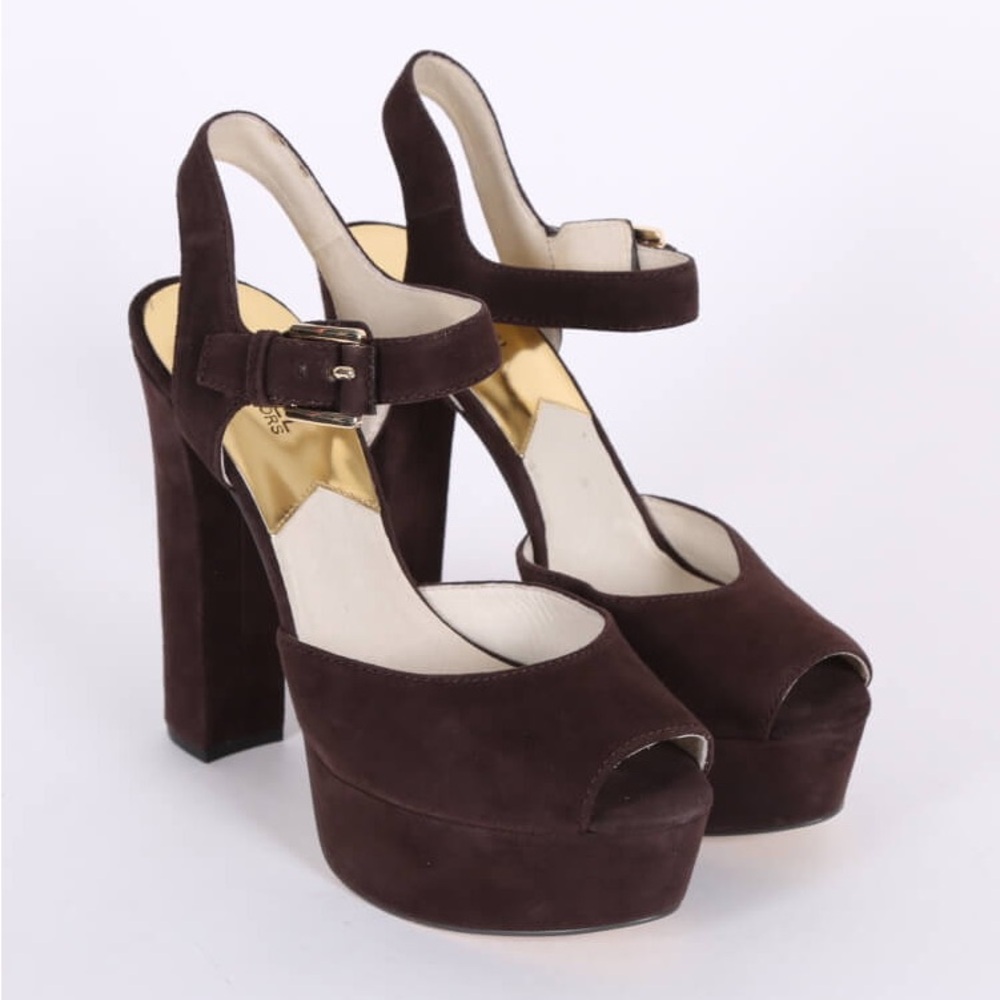 chocolate brown suede platform peep-toe heels by Michael Michael Kors